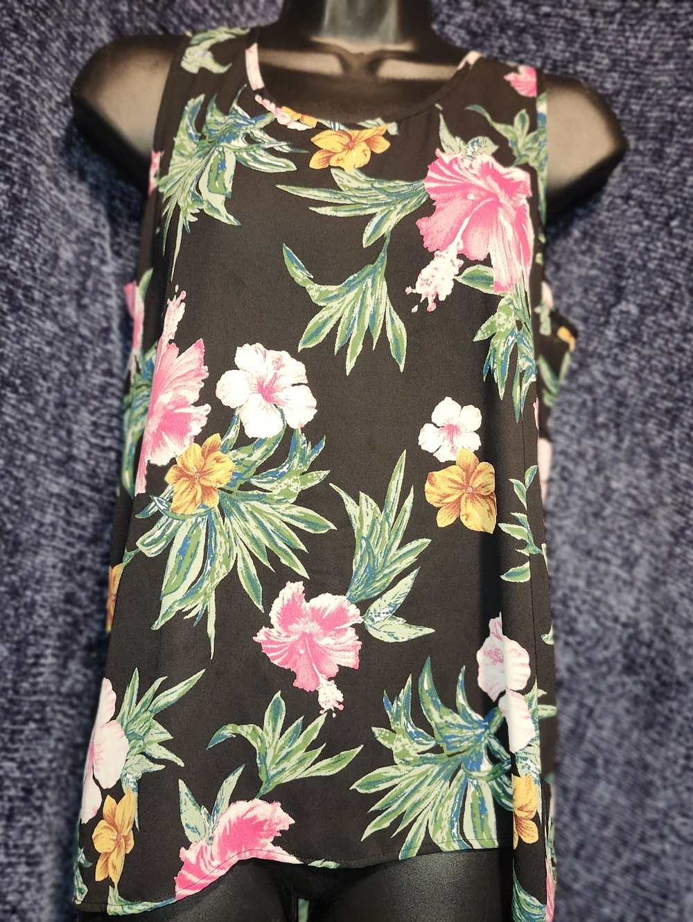 Black Floral Tropical Tank Top with Pink & Yellow Blooms
